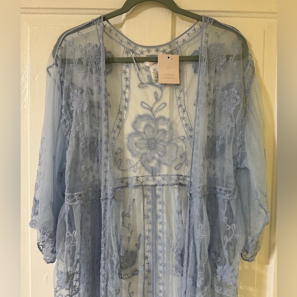 NWT: LC Lauren Conrad Crocheted Lace Flowered Blue Sheer Kimono Duster - Picture 3 of 16